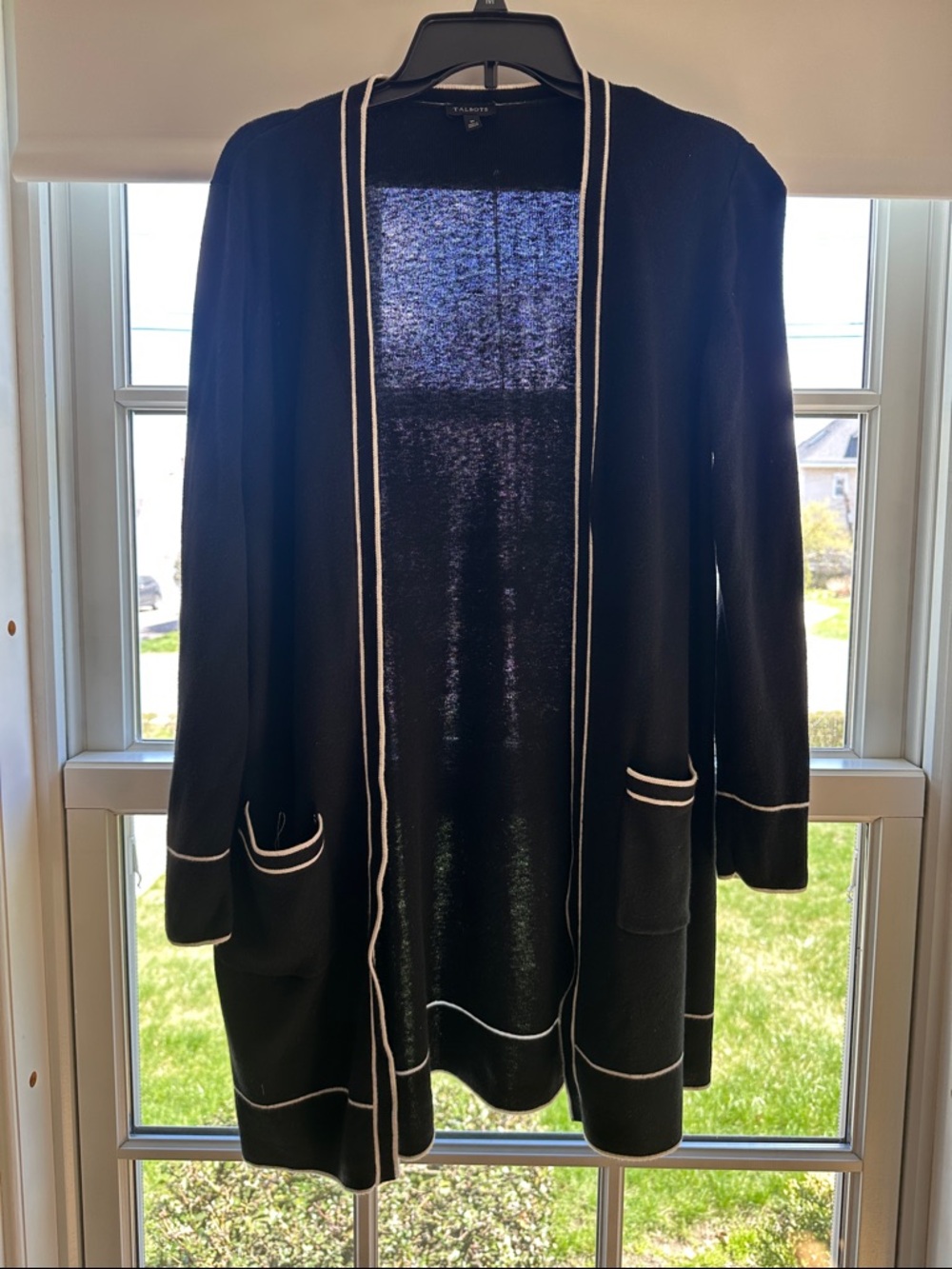 Talbots Black Open-Front Cardigan with White Trim Size M